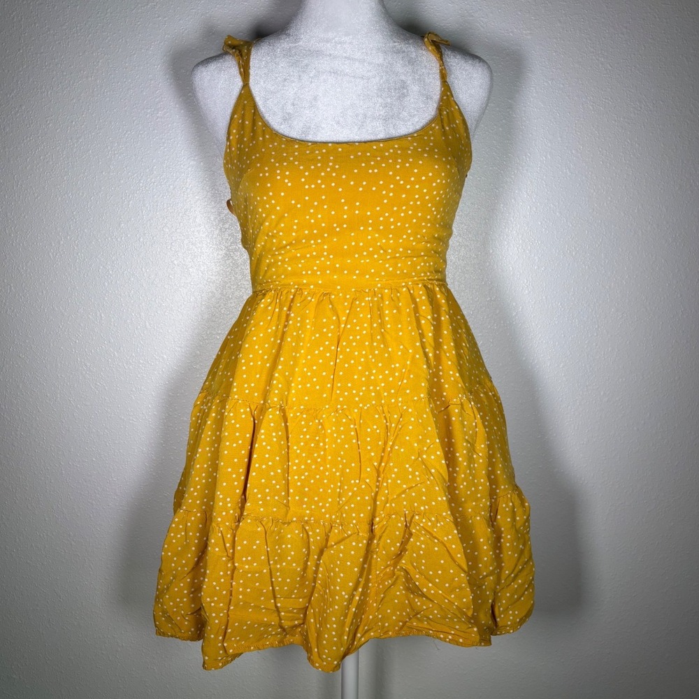 Boho Mustard Yellow Polka Dot Tiered Mini Dress Open Lace Up Back Summer S
